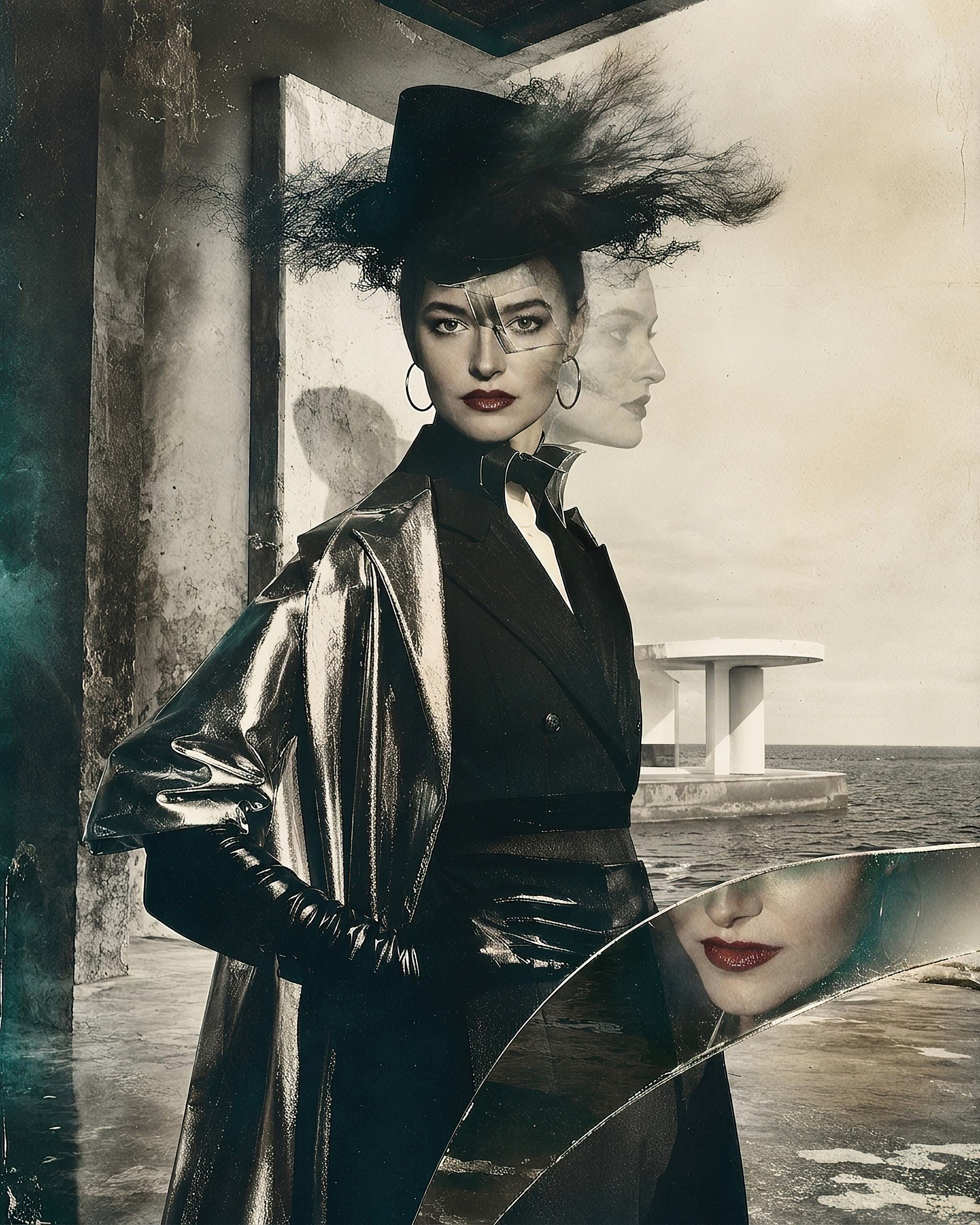 Composited collage of a woman in a black patent trench coat and top hat beside a sunlit sea, her profile repeated in a mirrored fragment — by Hamudi Leon