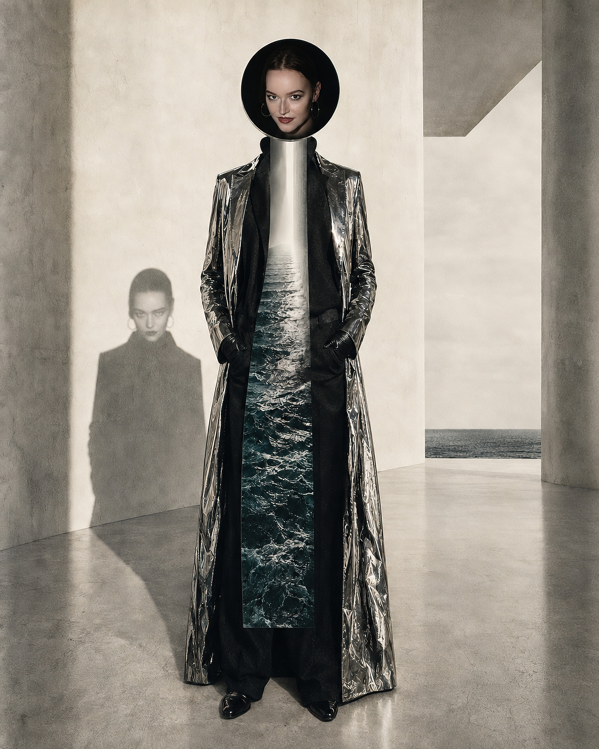 Figure in a floor-length silver coat with a black disc for a head and a strip of open sea running down the body — collage by Hamudi Leon
