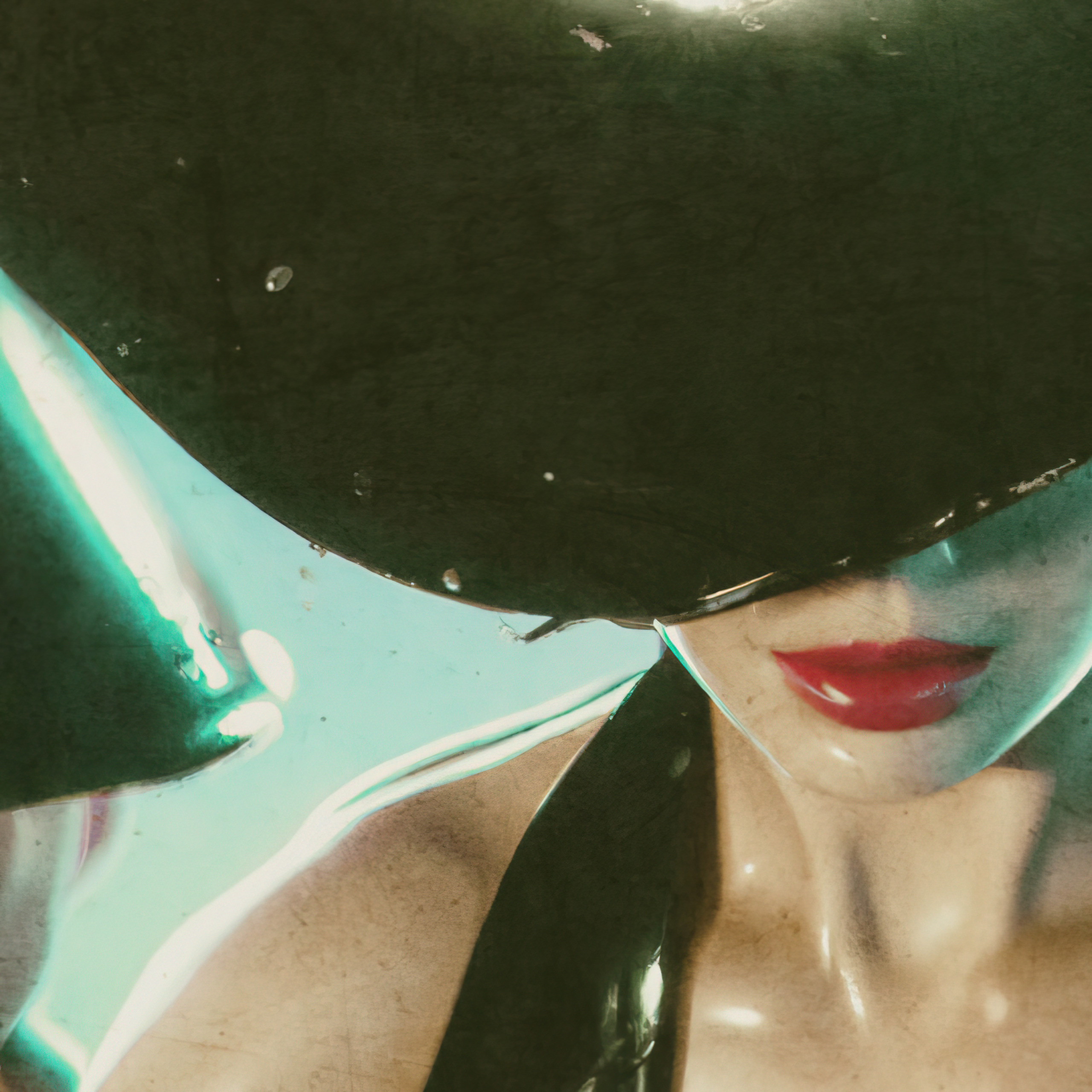 Close-up fine-art study of a face behind a sheet of green reflective latex, red lips below the fold — by Hamudi Leon