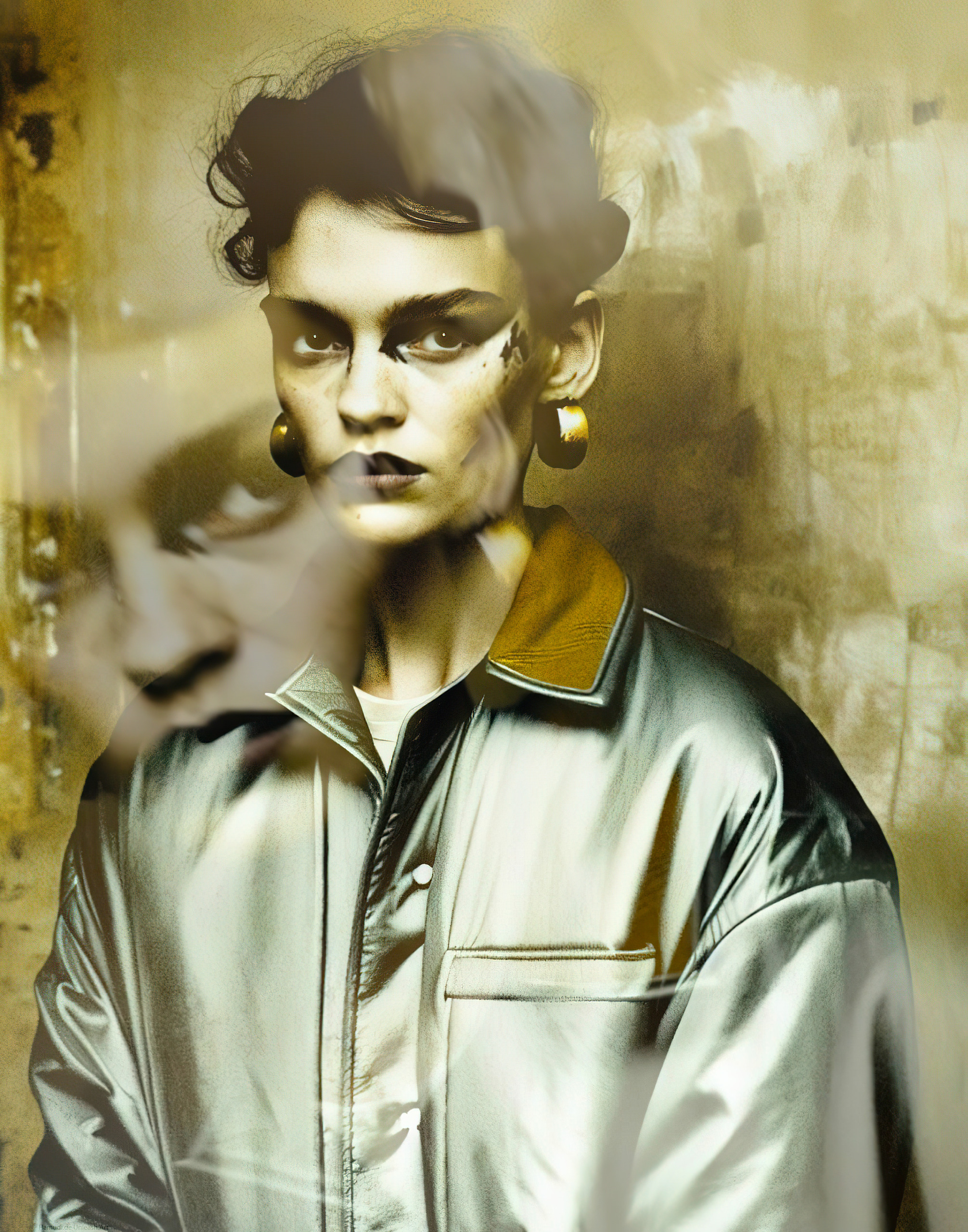 Double-exposure portrait in olive and gold, a second face drifting across a figure in a satin bomber jacket — fine art by Hamudi Leon