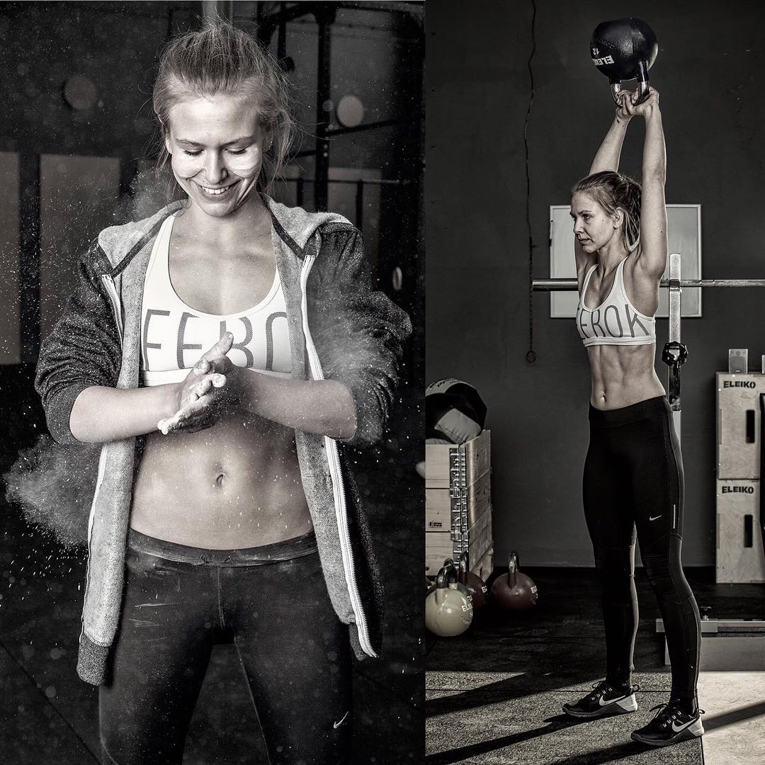 Two frames side by side: a woman clapping chalk from her hands, and the same athlete pressing a kettlebell overhead in a gym — sports photograph by Hamudi Leon